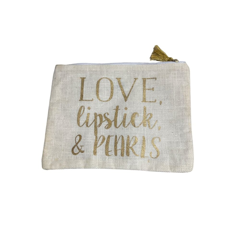 MudPie Love Lipstick Pearls Burlap Zipper Pouch Makeup Bag Gold Tassel Accent